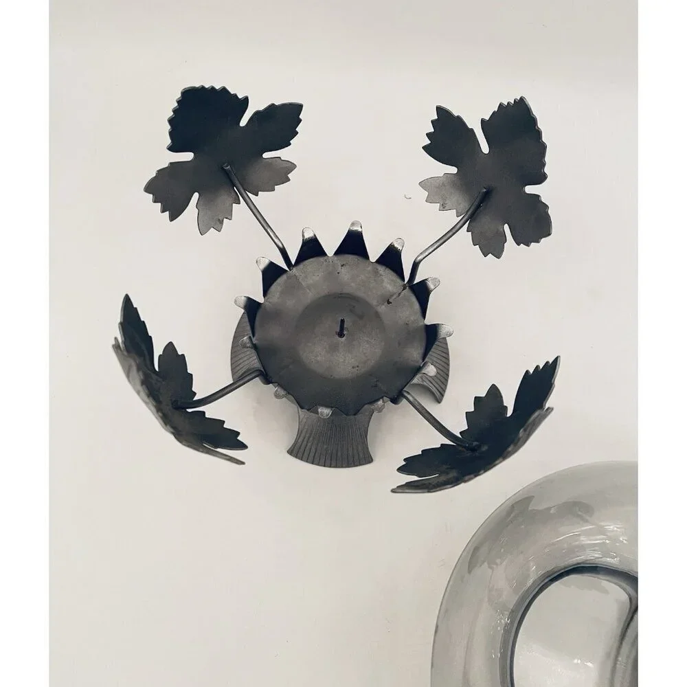 Pewter Maple Leaf Hurricane Pillar Candle Holder 7.25” Smoky Gray Lantern
